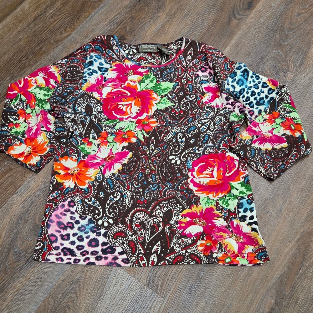 Jane Ashley Floral Paisley Leopard Print Sequin Embellished 3/4 Sleeve Top Large